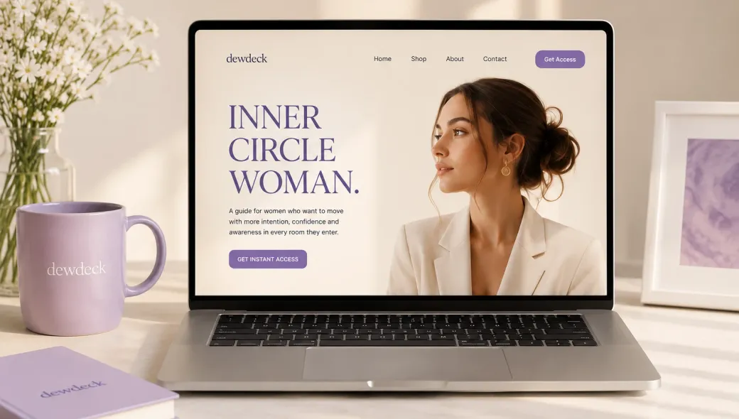 The Inner Circle Woman website on a laptop beside a lilac mug