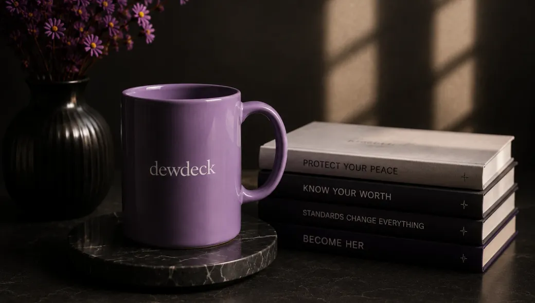 A lilac dewdeck mug beside a stack of books