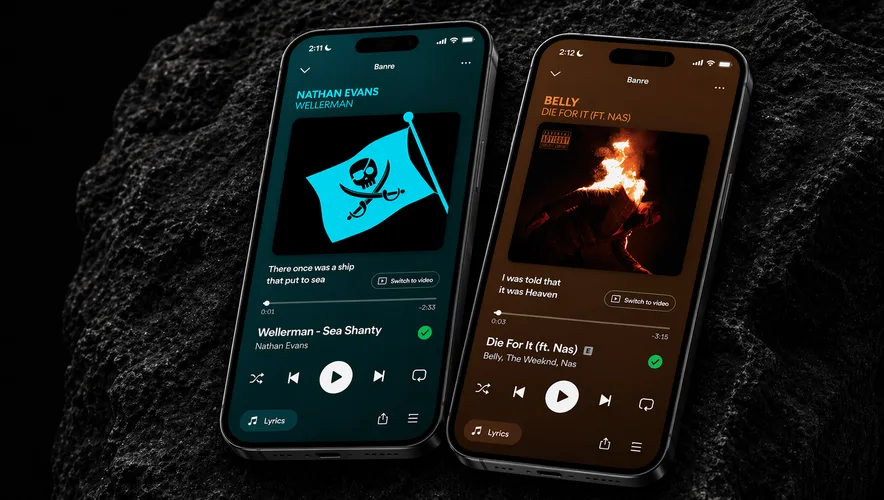 Press Play on two phones, showing a track playing