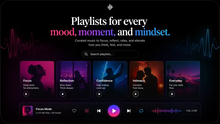 Playlists for every mood, moment and mindset, with a player below